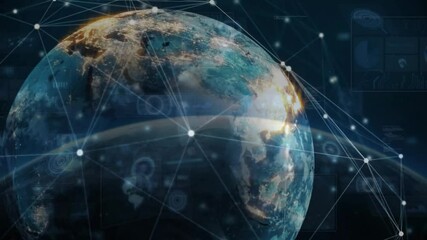 Poster - Beginning globe rotating toward Asia, data icons emerging and HUD panels mapping network connection