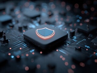 Fototapete - Close up of a computer circuit board featu a prominent microchip with a digital shield icon symbolizing cybersecurity protection and digital safety