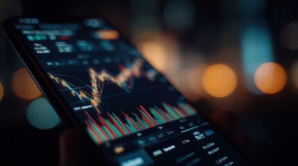 Poster - Mobile trading app displaying financial stock chart with colorful line graphs and technical indicators on a smartphone screen in a dark background