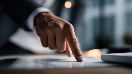 Aufkleber - Close-up of a businessman using a digital tablet in an office environment with blurred background and natural lighting