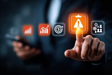 Aufkleber - Close-up of a person's hand interacting with a futuristic transparent digital warning alert icon on a smartphone screen with business and data analytics icons in the background