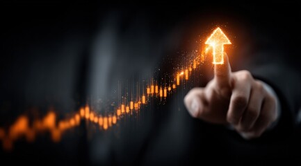 Poster - Businessman Hand Interacting with Digital Growth Chart and Upward Arrow on Futuristic Dark Background for Financial Success and Market Trends
