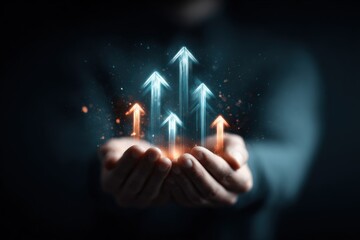 Poster - Business person holding glowing arrows pointing upward representing growth success progress future and innovation concept