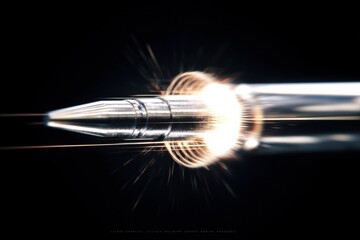 Poster - High-speed close-up of a metallic ballpoint pen tip emitting sparks and bright light du rapid movement on a dark background