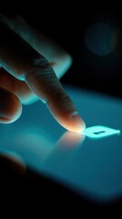 Poster - Close-up of a human finger tapping on a glowing digital tablet screen illuminated with blue light in a dark environment with bokeh background