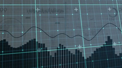 Poster - Grid stretching triggers bars rising and falling line graph scrolling and readouts, gauge updating