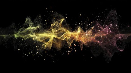 Poster - Abstract design of multicolored particles against a black background.