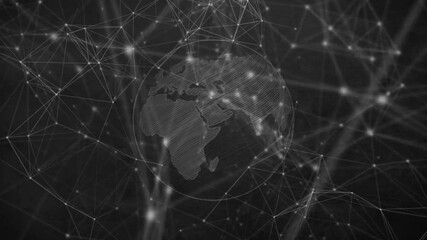 Poster - Flickering nodes forming turning sphere with continents emerging, lines pulsing showing connection