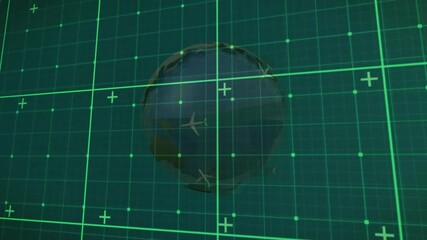 Poster - Grid activating triggers 3D globe rotating while plane icons flying tracking flights then fading