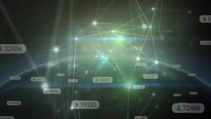 Poster - Green horizon flare sparking growing earth node network and floating data labels showing data flow