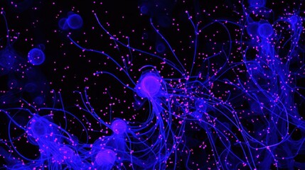 Poster - Vibrant display of bioluminescent jellyfish in dark depths.