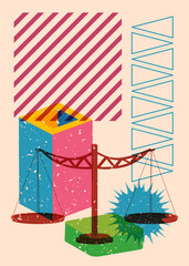 Poster - Risograph Scale with geometric shapes. Objects in trendy riso graph print texture style design with geometry elements.