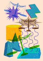Poster - Risograph Scale with geometric shapes. Objects in trendy riso graph print texture style design with geometry elements.