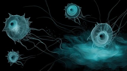 Fototapete - Detailed illustration of translucent organisms against a dark background.