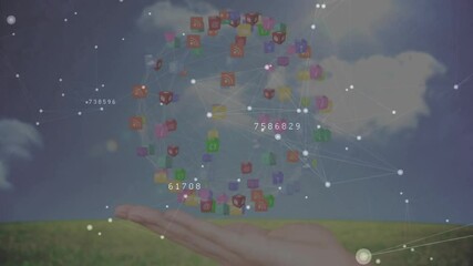 Poster - White dots forming network, cubes drifting toward rising hand, orbiting globe showing connections