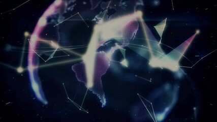 Poster - Dark starfield starting nodes drifting lines pulsing facets forming rolling globe showing network