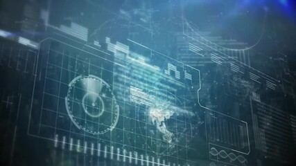 Poster - Dark grid showing data lines starting interface spinning rings and glowing map visualizing data