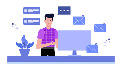 Poster - Conceptual photo of overwhelmed man by overflowing inbox. Perfect for illustrating email overload, work stress, modern technology struggles.