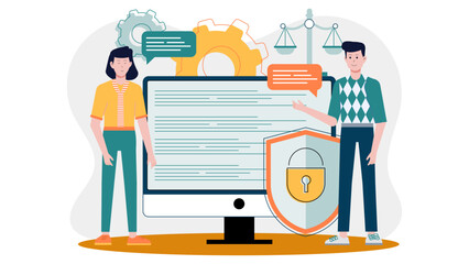 Aufkleber - Data security concept with a diverse group of people standing next to a shield. Ideal for cybersecurity or identity protection designs.