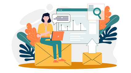 Poster - Woman on laptop sending data over email. Suitable for technology, communication, online work concepts. Businesswoman handling email sending on laptop.