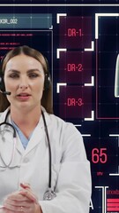 Poster - Digital interface with medical data processing against female doctor wearing phone headset
