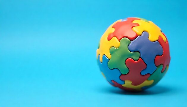 Colorful Puzzle Ball on Blue Background - Autism Awareness Concept, created with generative ai