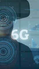 Poster - Animation of 6g text, scopes scanning and data processing over woman in hijab wearing vr headset