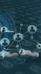 Poster - Animation of network of connections with people icons, scopes scanning and binary coding
