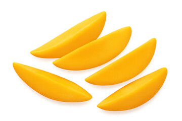 Poster - Four mango slices isolated on transparent background, showing the ripe, juicy, and vibrant yellow flesh of the fruit