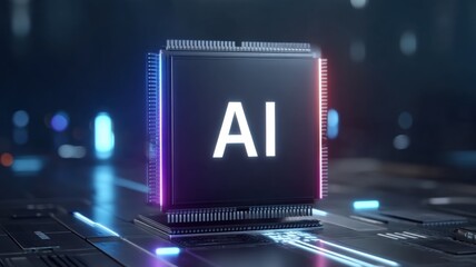 Fototapete - AI agent, customer service. AI chip technology on a circuit board with glowing lights.