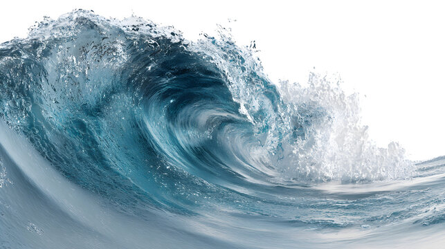 An ocean wave crashes and curls, exhibiting turquoise hues and a splash of seafoam, set against a transparent backdrop for easy integration.