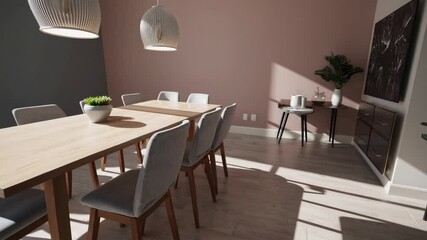Poster - Sunlit dining room featuring modern wooden table, white chairs, indoor plant accents, and abundant sunlight, creating serene atmosphere with