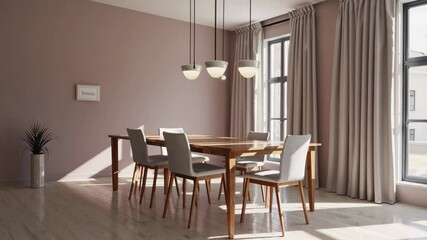 Poster - Sunlit dining room featuring wood table, modern chair, pendant light, and large window with beige curtains, creating serene minimalist atmosphere