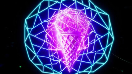 Poster - Futuristic neon ice cream cone digital art with geometric patterns, glowing pink, purple, and blue lights, vibrant colors, creative abstract dessert