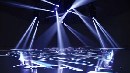 Poster - Futuristic neon dance floor with geometric pattern, blue lighting, and dramatic spotlights create energetic party atmosphere, abstract light modern