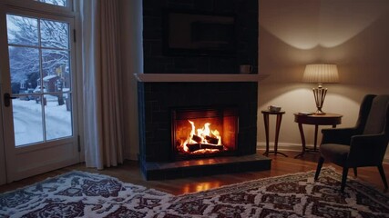 Poster - Cozy living room with fireplace, elegant armchair, patterned rug, warm lamp, large window, inviting winter atmosphere, peaceful and tranquil home