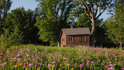 Poster - Charming wooden cottage hideaway nestled in wildflower meadow, tranquil summer forest landscape, surrounded by lush trees and peaceful nature