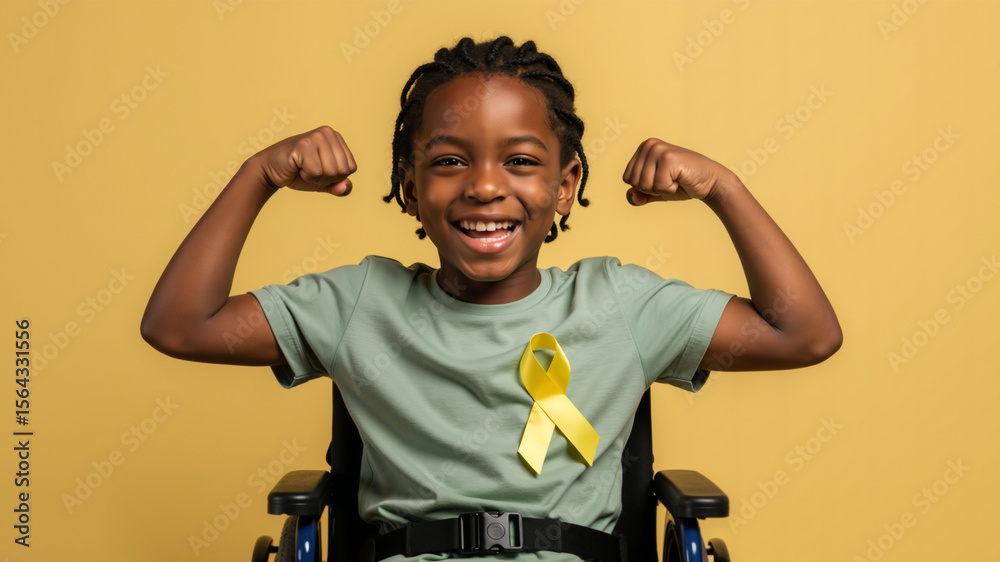 Strong Black boy with yellow ribbon showing biceps. Happy child cancer ...