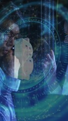Poster - Animation of bitcoin and data processing over diverse it engineers by computer servers