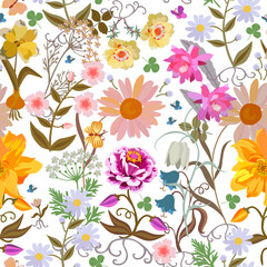 Wall Mural - Chamomile, purslane, zinnia, dahlia, other flowers and tiny butterflies on white background. Seamless natural pattern in vector. Beautiful print for fabric.
