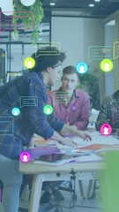 Poster - Animation of media icons over diverse business people working in office