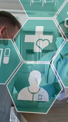 Poster - Animation of male doctor vaccinating caucasian male patient and icons