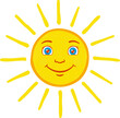 © jenangkatul - Smiling yellow sun with blue eyes radiates warmth and happiness against a clean white background, creating a playful and inviting image suitable for children's content and sunny weather promotions.
