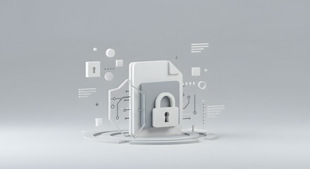 Cybersecurity concept with a locked document icon and shield. 3D render of encrypted data protection, digital file security, and private information privacy.
