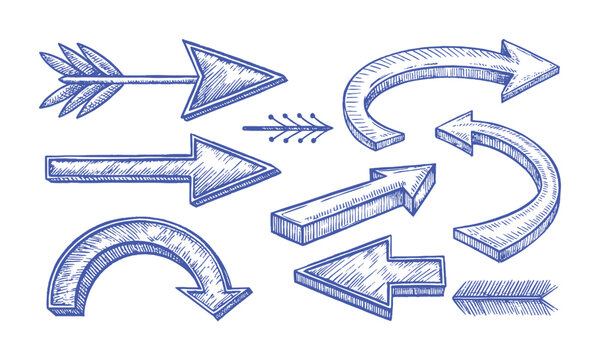 Modern Vector illustration of hand-drawn arrows in a sketch style, including curved, straight, double-headed, and circular arrows, easily editable.