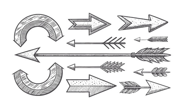 Modern Vector illustration of hand-drawn arrows in a sketch style, including curved, straight, double-headed, and circular arrows, easily editable.