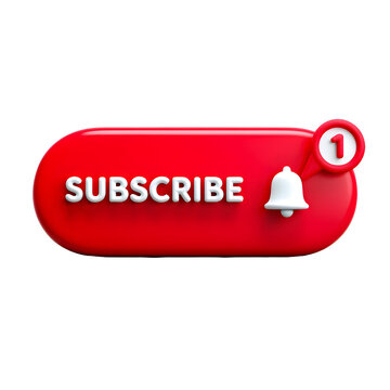 Red subscribe button with white notification bell and number one icon isolated on a transparent background