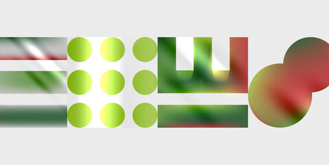 Poster - Abstract composition. Green, red shapes overlap. Rectangles, circles create dynamic visual effect. Minimalist design, modern aesthetic.