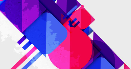 Poster - Abstract geometric shapes overlap, creating vibrant color blocks. Purple, blue, pink dominate composition. Texture suggests digital art.