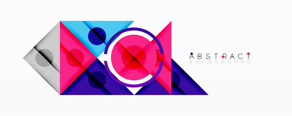 Poster - Geometric shapes overlap, creating vibrant purple, blue, silver design. Modern abstract background with circular element.